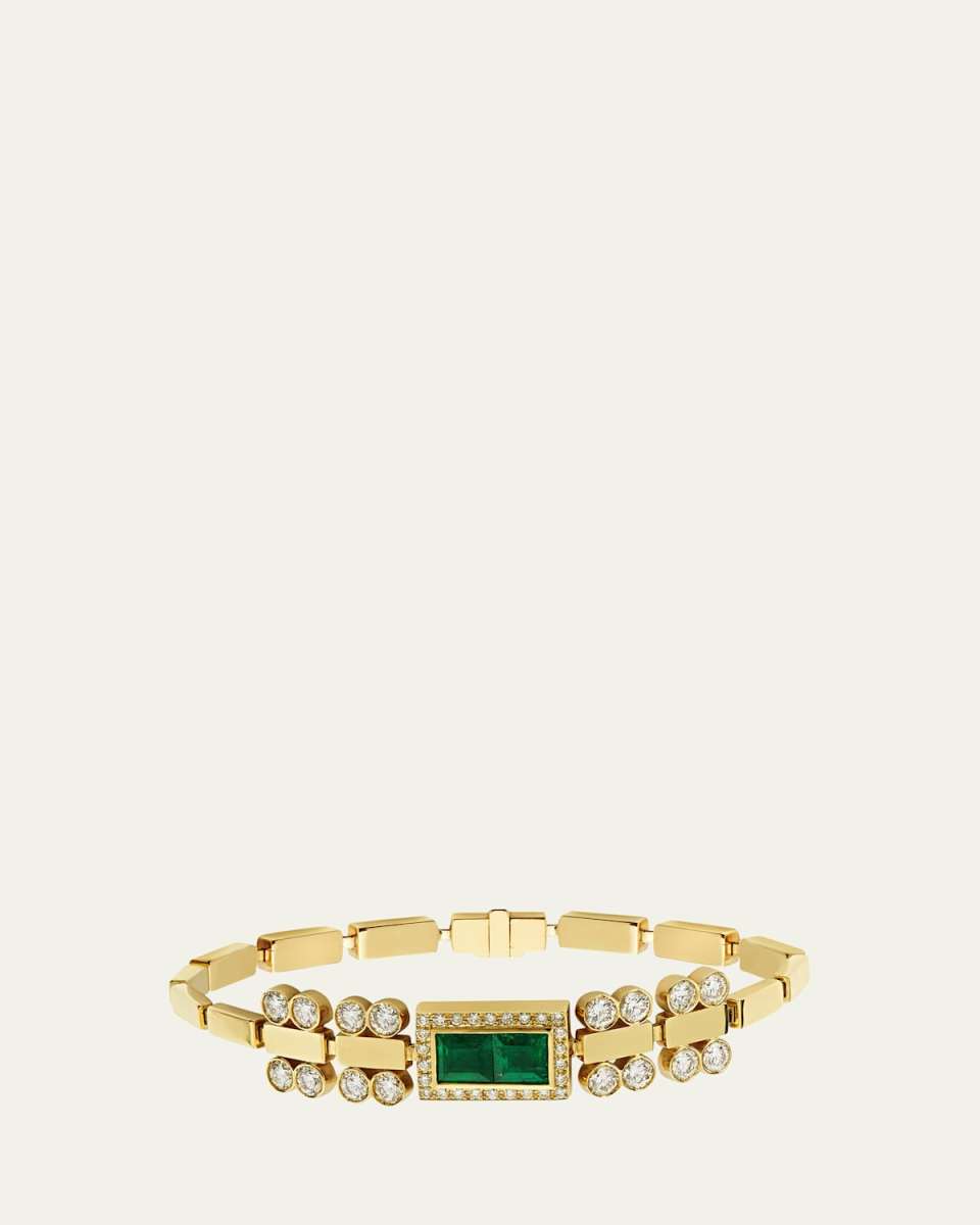 18K Yellow Gold Waterfall Bridge Bracelet with Emerald and Diamonds
